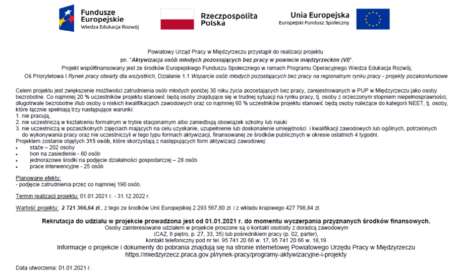 Zdjęcie do Projekt dla os&oacute;b do 29-go roku życia realizowany w latach 2021-2022 pn. "Aktywizacja os&oacute;b młodych pozostających bez pracy w powiecie międzyrzeckim (VI)"