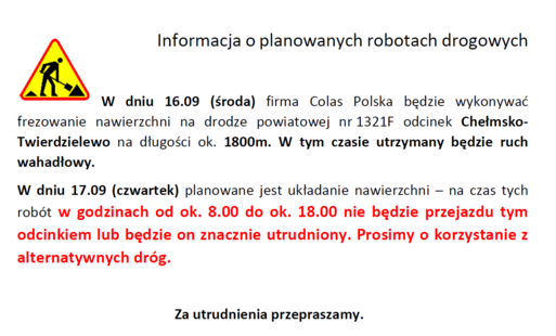 Zdjęcie do Informacja o utrudnieniach: droga powiatowa Chełmsko - Twierdzielewo w dniach 16.-18.09.2025