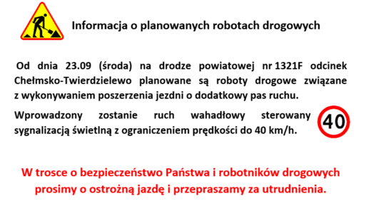 Zdjęcie do Informacja o ruchu wahadłowym: droga powiatowa Chełmsko - Twierdzielewo