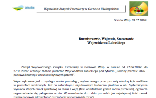 "Rodziny pszczele 2026 - poprawa kondycji i warunków bytowych pszczół"